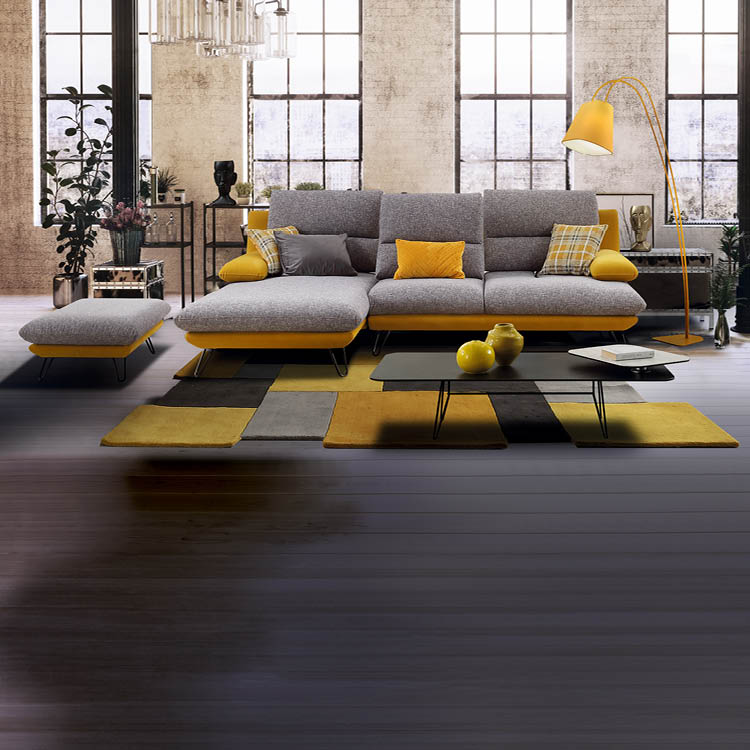 Converted loft interior with high graceful arched windows in a brick wall and modern lounge furniture with a potted tree and houseplants, 3d rendering