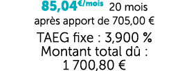 85,04€/mois 20 mois apr s apport de 705,00 € TAEG fixe : 3,900 % Montant total d : 1 700,80 €