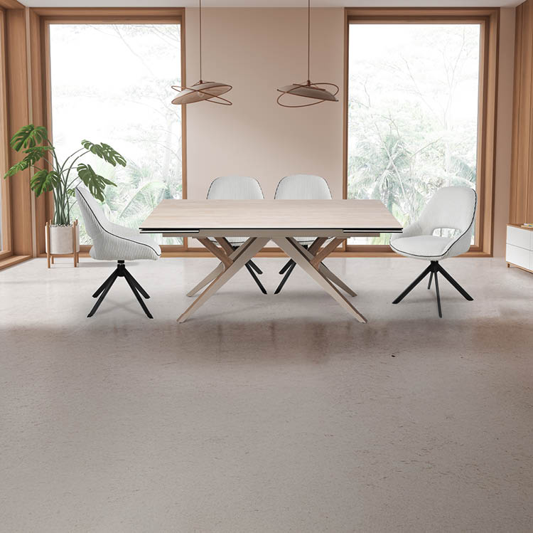 Beige and wooden hotel living room interior with table and chairs, scandinavian sideboard with decoration on light concrete floor. Panoramic window on tropics. 3D rendering