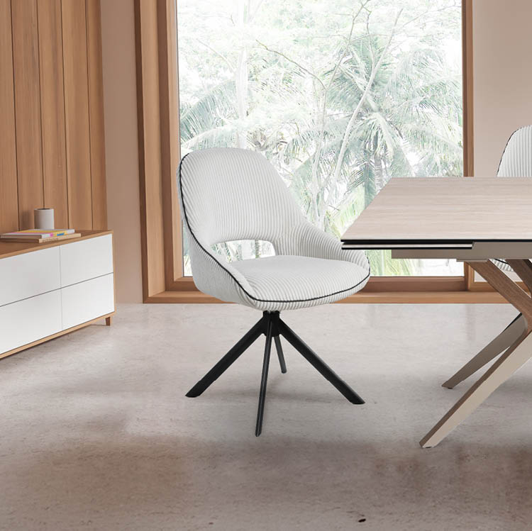 Beige and wooden hotel living room interior with table and chairs, scandinavian sideboard with decoration on light concrete floor. Panoramic window on tropics. 3D rendering