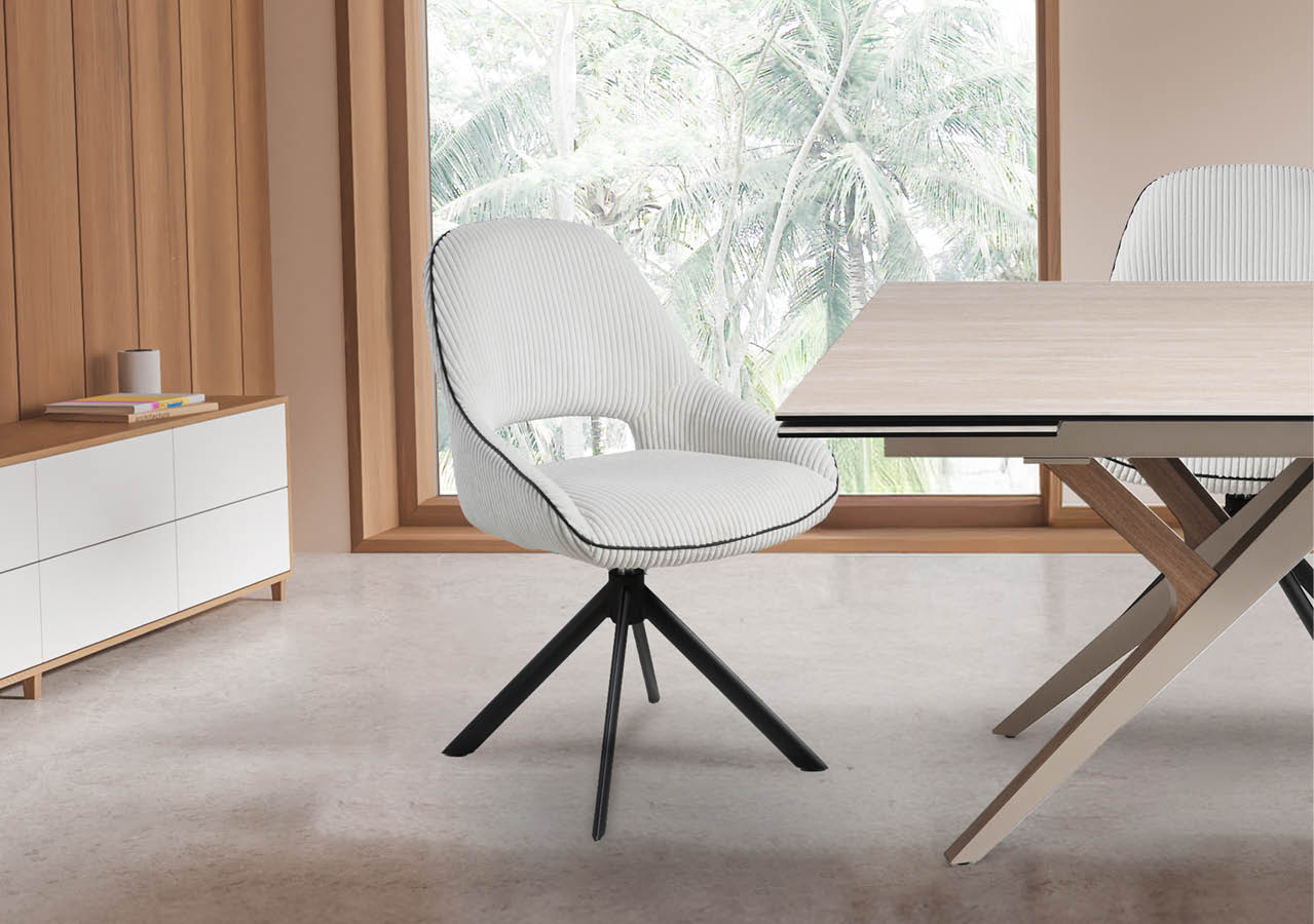 Beige and wooden hotel living room interior with table and chairs, scandinavian sideboard with decoration on light concrete floor. Panoramic window on tropics. 3D rendering