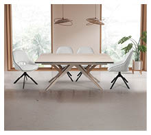 Beige and wooden hotel living room interior with table and chairs, scandinavian sideboard with decoration on light concrete floor. Panoramic window on tropics. 3D rendering