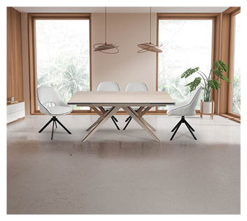 Beige and wooden hotel living room interior with table and chairs, scandinavian sideboard with decoration on light concrete floor. Panoramic window on tropics. 3D rendering