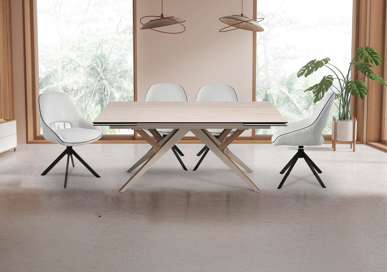 Beige and wooden hotel living room interior with table and chairs, scandinavian sideboard with decoration on light concrete floor. Panoramic window on tropics. 3D rendering