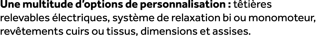 Une multitude d’options de personnalisation : t ti res relevables lectriques, syst me de relaxation bi ou monomoteur...