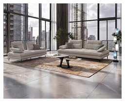 Un salon moderne avec un canap beige, un fauteuil vert, un pouf assorti, une table basse ovale, un tapis vert   motifs, une lampe sur pied color e, une grande plante et un meuble en bois contre un mur textur  avec une  uvre d'art en noir et blanc.  Description g n r e par IA