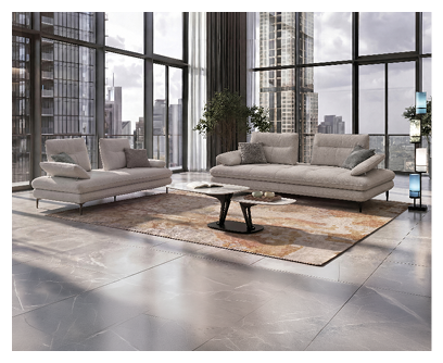Un salon moderne avec un canap blanc, un fauteuil vert, un pouf assorti, une table basse ovale sur un tapis vert, une lampe sur pied, une plante en pot et un meuble en bois contre un mur textur .  Description g n r e par IA