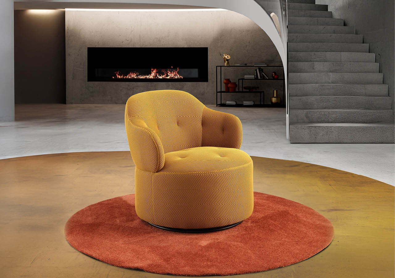 Fauteuil jaune rond pos sur un tapis orange dans un int rieur moderne avec un escalier en b ton et une chemin e encastr e.  Description g n r e par IA