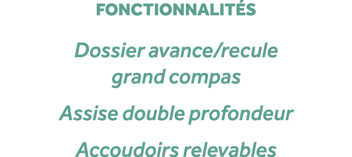 fonctionnalit s Dossier avance/recule grand compas Assise double profondeur Accoudoirs relevables
