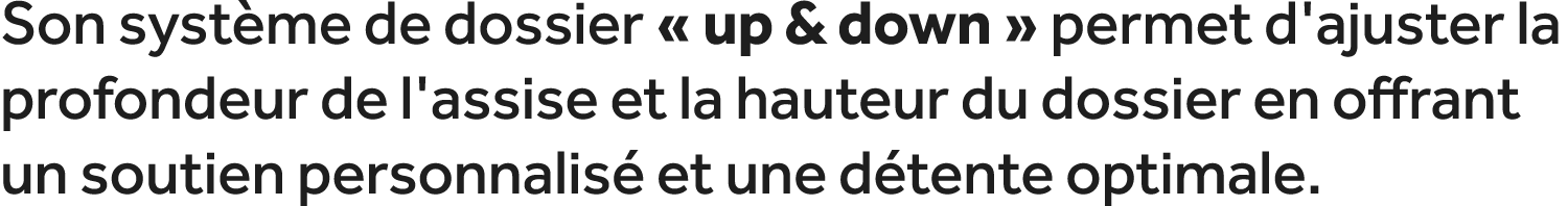 Son syst me de dossier « up & down » permet d'ajuster la profondeur de l'assise et la hauteur du dossier en offrant u...
