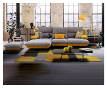 Converted loft interior with high graceful arched windows in a brick wall and modern lounge furniture with a potted tree and houseplants, 3d rendering