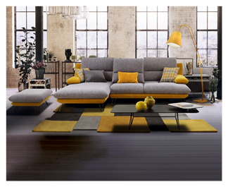 Converted loft interior with high graceful arched windows in a brick wall and modern lounge furniture with a potted tree and houseplants, 3d rendering