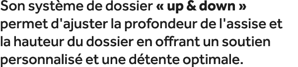 Son syst me de dossier « up & down » permet d'ajuster la profondeur de l'assise et la hauteur du dossier en offrant u...