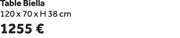 Table Biella 120 x 70 x H 38 cm 1255 €