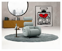 Fauteuil gris moderne avec appuie-t te pos sur un tapis rond gris devant une table basse avec des vases, un meuble en bois, un miroir rond et une grande affiche artistique repr sentant un flacon de parfum avec un c ur rouge.  Description g n r e par IA