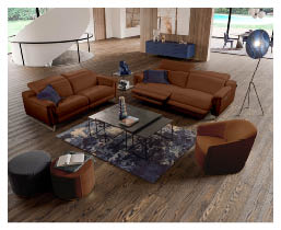Un salon moderne avec deux canap s en cuir marron, un fauteuil assorti, une table basse noire sur un tapis bleu et deux poufs avec un livre ouvert, le tout sur un sol en bois clair pr s d'une grande fen tre. Description g n r e par IA