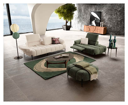 Un salon moderne avec un canap blanc, un fauteuil vert, un pouf assorti, une table basse ovale sur un tapis vert, une lampe sur pied, une plante en pot et un meuble en bois contre un mur textur .  Description g n r e par IA