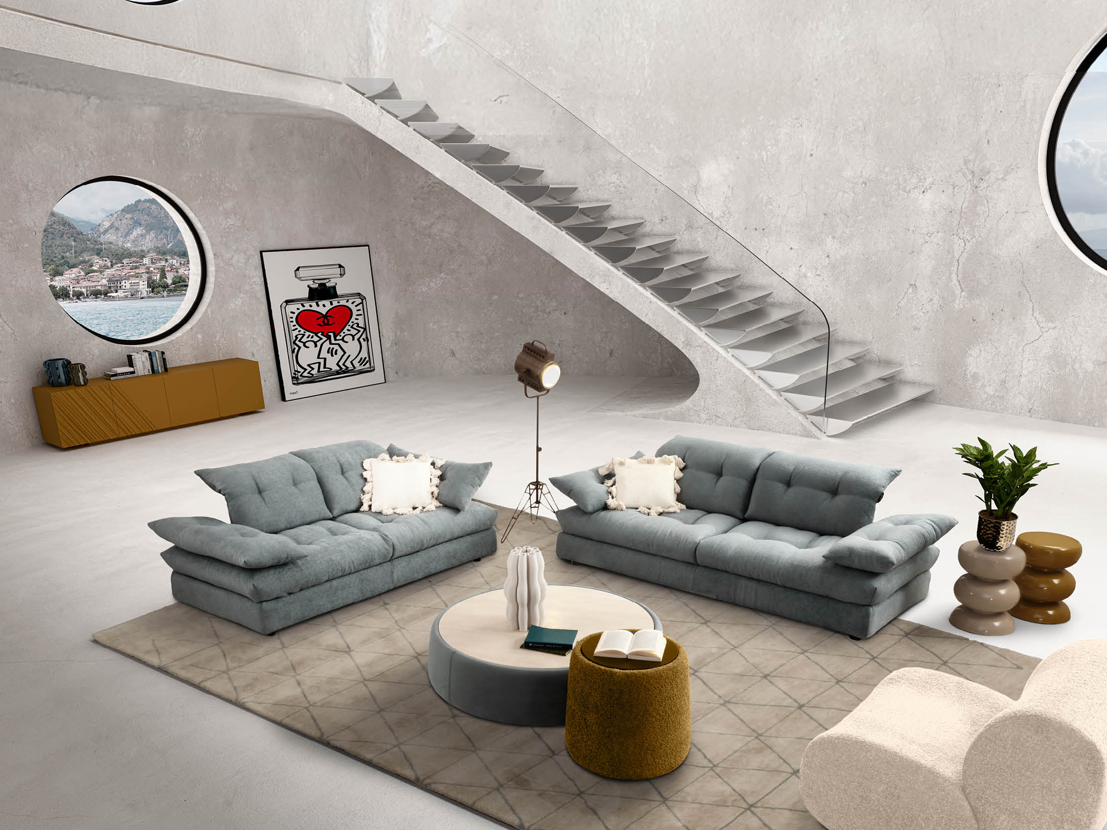 Un escalier moderne en b ton avec une rampe en verre transparent monte le long d'un mur blanc dans une pi ce minimaliste avec deux fen tres rondes offrant une vue sur un paysage urbain et un ciel nuageux. Description g n r e par IA