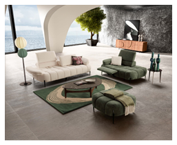Un salon moderne avec un canap beige, un fauteuil vert, un pouf assorti, une table basse ovale, un tapis vert   motifs, une lampe sur pied color e, une grande plante et un meuble en bois contre un mur textur  avec une  uvre d'art en noir et blanc.  Description g n r e par IA